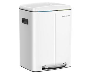 SONGMICS Double Rubbish Bin, 2 x 20L Kitchen Bin, Dual Compartment Metal Step Bin, with Plastic Inner Buckets, Soft-Close Lids, and Handles, Odour Seal, White LTB40WT