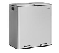 SONGMICS Double Trash Bin, 60 L Stainless Steel Trash Can, with Soft-Close Lids, Double Inner Buckets, Pedals, Silver