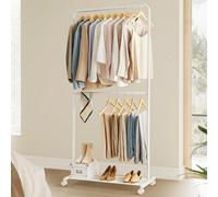 Songmics Dual-Bar Clothing Stand With Rolling Wheels, Metal Garment Rack, Hanging Rail, Shelf, 2 Wheels Lockable, White