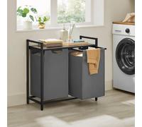 Songmics Dual-Compartment Clothes Hamper, Pull-Out Laundry Bags, Sorting Shelf, Metal Frame, Grey And Rustic Brown