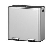 SONGMICS Dual Rubbish Bin, 2 x 10.6 Gallon (2 x 40 L) Metal Recycling Bin with 15 Rubbish Bags, 2-Compartment, with Lids, Pedals, Plastic Inner Buckets, Soft Closure, Silver and Black LTB730E80