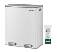 SONGMICS Dual Rubbish Bin, 2 x 8 Gallon (2 x 30 L) Metal Recycling Bin with 15 Rubbish Bags, 2-Compartment, with Lids, Pedals, Plastic Inner Buckets, Soft Closure, White and Grey LTB60WT