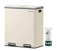 SONGMICS Dual Rubbish Bin, 2 x 8 Gallon (2 x 30 L) Metal Recycling Bin with 15 Rubbish Bags, 2-Compartment, with Lids, Pedals, Plastic Inner Buckets, Soft Closure, Cream LTB060A01