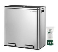 SONGMICS Dual Rubbish Bin, 2 x 8 Gallon (2 x 30 L) Metal Recycling Bin with 15 Rubbish Bags, 2-Compartment, with Lids, Pedals, Plastic Inner Buckets, Soft Closure, Silver and Black LTB60NL