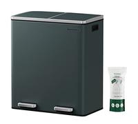 SONGMICS Dual Rubbish Bin, 2 x 8 Gallon (2 x 30 L) Metal Recycling Bin with 15 Rubbish Bags, 2-Compartment, with Lids, Pedals, Plastic Inner Buckets, Soft Closure, Greenish Grey LTB60GS