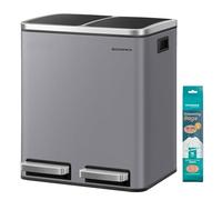 SONGMICS Dual Rubbish Bin, Metal Recycling Bin with 15 Rubbish Bags, 2-Compartment, with Lids, Pedals, Plastic Inner Buckets, Soft Closure, 2 x 4 Gallons (2 x 15 L), Slate Grey LTB030GJ01