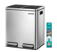 SONGMICS Dual Rubbish Bin, Metal Recycling Bin with 15 Rubbish Bags, 2-Compartment, with Lids, Pedals, Plastic Inner Buckets, Soft Closure, 2 x 4 Gallons (2 x 15 L), Silver and Black LTB030EB02