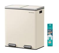 SONGMICS Dual Rubbish Bin, Metal Recycling Bin with 15 Rubbish Bags, 2-Compartment, with Lids, Pedals, Plastic Inner Buckets, Soft Closure, 2 x 8 Gallons (2 x 30 L), Cream LTB060A01