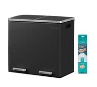 SONGMICS Dual Rubbish Bin, Metal Recycling Bin with 15 Rubbish Bags, 2-Compartment, with Lids, Pedals, Plastic Inner Buckets, Soft Closure, 2 x 6.3 Gallons (2 x 24 L), Black LTB48BK