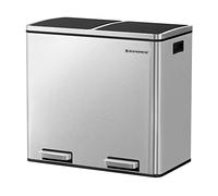 SONGMICS Dual Rubbish Bin, Metal Recycling Bin with 15 Rubbish Bags, 2-Compartment, with Lids, Pedals, Plastic Inner Buckets, Soft Closure, 2 x 6.3 Gallons (2 x 24 L), Silver LTB48NL