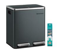 SONGMICS Dual Rubbish Bin, Metal Recycling Bin with 15 Rubbish Bags, 2-Compartment, with Lids, Pedals, Plastic Inner Buckets, Soft Closure, 2 x 4 Gallons (2 x 15 L), Greenish Grey LTB030GT01