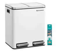 SONGMICS Dual Rubbish Bin, Metal Recycling Bin with 15 Rubbish Bags, 2-Compartment, with Lids, Pedals, Plastic Inner Buckets, Soft Closure, 2 x 4 Gallons (2 x 15 L), White LTB030WG01
