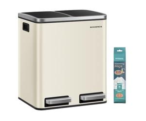 SONGMICS Dual Rubbish Bin, Metal Recycling Bin with 15 Rubbish Bags, 2-Compartment, with Lids, Pedals, Plastic Inner Buckets, Soft Closure, 2 x 4 Gallons (2 x 15 L), Sand Beige and Black LTB030AB01