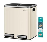 Songmics Dual Rubbish Bin, Metal Recycling With 15 Bags, 2-Compartment, Lids, Pedals, Plastic Inner Buckets, Soft Closure, 2 X 4