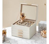 Songmics Elegant Jewellery Box With Glass Top, Extra Large Storage Organiser With Drawers, Cloud White And Gold