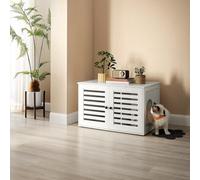 Songmics Enclosed Litter Box Furniture, Hidden Cat House With Divider And Shutter Doors, Multi-Use End Table, Cloud White