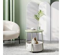 Songmics End Table With Round Top And Fabric Basket, Elegant Accent Piece For Living Or Bedroom, Laurel Green And Cream White