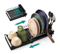 SONGMICS Expandable Dish Drainer Rack with Removable Cutlery Holder, Anti-Rust Small Dish Drying Rack for Sink, Kitchen Counter, with Draining Board, Ink Black CS044B101