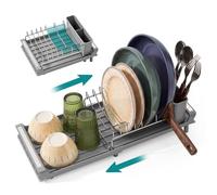 SONGMICS Expandable Dish Drainer Rack with Removable Cutlery Holder, Anti-Rust Small Dish Drying Rack for Sink, Kitchen Counter, with Draining Board, Dove Gray UKCS044G101