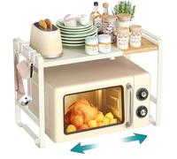 SONGMICS Expandable Microwave Shelf, Microwave Stand,Kitchen Corner Shelf | 41.5-64 cm Adjustable Width, Kitchen Storage Rack, Steel and Bamboo, 4 Hooks, Cream White and Light Bamboo KCS060W01