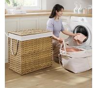 Songmics Extra Large Wicker Storage Basket With Lid, Synthetic Rattan Hamper, Foldable, Removable Liners, Natural Colour