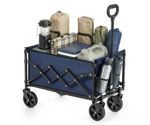 SONGMICS Festival Trolley on Wheels, Foldable Camping Cart, Pull Garden Wagon, Adjustable Handle, 4 Reinforced Wheels, Outdoor, Yard, Loads Up to 180 kg, 90 L, Midnight Blue GFW909QE01