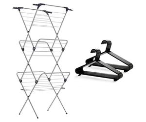 SONGMICS Foldable Clothes Airer, Clothes Drying Rack, Compact Clothes Horse Dryer, Laundry Rack & KEPLIN Adult Plastic Coat Hangers - 25pk, Black Colour, Strong Clothes Hangers