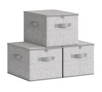 SONGMICS Foldable Storage Organiser Boxes, Storage Basket Bins with Lids, Handles, Clothes Organiser, Non-Woven Fabric, Set of 3, 40 x 30 x 25 cm, Dove Grey RZB003W01