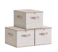 SONGMICS Foldable Storage Organiser Boxes, Set of 3 Storage Basket Bins with Lids, Handles, Clothes Organiser, 40 x 30 x 25 cm, Non-Woven Fabric, Sand Beige RZB003K01