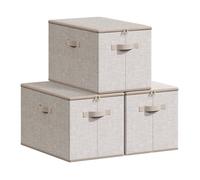 SONGMICS Foldable Storage Organiser Boxes, Storage Basket Bins with Lids, Handles, Clothes Organiser, Non-Woven Fabric, Set of 3, 50 x 30 x 30 cm, Sand Beige RZB050LZ04