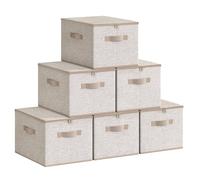 SONGMICS Foldable Storage Organiser Boxes, Storage Basket Bins with Lids, Handles, Clothes Organiser, Non-Woven Fabric, Set of 6, 40 x 30 x 25 cm, Sand Beige RZB003K02