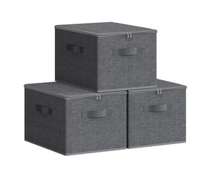SONGMICS Foldable Storage Organiser Boxes, Storage Basket Bins with Lids, Handles, Clothes Organiser, Non-Woven Fabric, Set of 3, 40 x 30 x 25 cm, Slate Grey RYZB03G