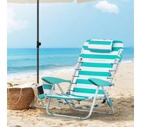 Songmics Folding Beach Chair, Portable Outdoor Chair, Backrest, Headrest, Armrests, Side Pockets, Green And White