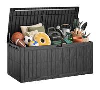 SONGMICS Garden Storage Box, 623 L Resin Deck Box, Wood Grain | Lockable Patio Storage, 154,5 x 71,5 x 65 cm, PP Plastic, Black, Funland Collection, GGC623B101