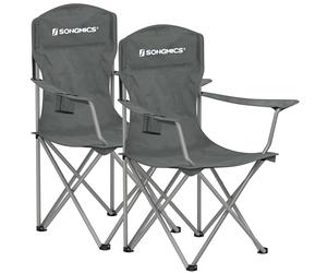 SONGMICS GCB008G01 Set of 2 Folding Outdoor Fishing Chairs, High Backrest, Armrests, Drink Holder, Foldable, Maximum Load 150 kg, Camping Garden Patio, Slate Grey