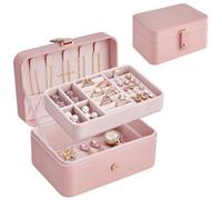 SONGMICS Jewellery Box, 2-Layer Jewellery Storage, 11 x 16 x 8 cm Travel Jewellery Box, Portable Jewellery Case, Small, Spacious, for Larger Accessories, Gift Idea, Jelly Pink JBC166R01
