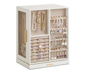 SONGMICS GISELLA Collection - Jewellery Box Organiser 360° Rotating, Vertical Jewellery Display Case with 5 Drawers, Glass Window, Spacious, Open Design, Great Gift, Cloud White JBC170W01