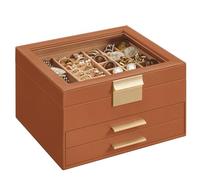 SONGMICS GISELLA Collection - Jewellery Box with Glass Lid, 3-Layer Jewellery Storage Organiser with 2 Drawers, Modern, Gift Idea, Caramel Brown and Gold, 20.3 x 23.1 x 13.5 cm JBC239K01