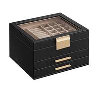 SONGMICS GISELLA Collection - Jewellery Box with Glass Lid, 3-Layer Jewellery Storage Organiser with 2 Drawers, Modern, Gift Idea, Ink Black and Gold, 20.3 x 23.1 x 13.5 cm JBC239B03