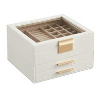 SONGMICS GISELLA Collection - Jewellery Box with Glass Lid, 3-Layer Jewellery Storage Organiser with 2 Drawers, Modern, Gift Idea, Cloud White and Gold, 20.3 x 23.1 x 13.5 cm JBC239WT