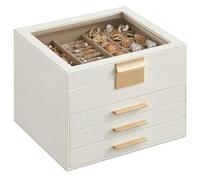 SONGMICS Jewellery Box with Glass Lid, 4-Layer Jewellery Storage Organiser with 3 Drawers, Plenty of Storage, Modern, Gift Idea, 20.3 x 23.1 x 16.5 cm, Cloud White and Gold JBC173W01