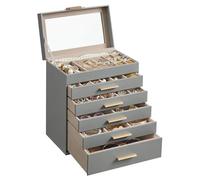 SONGMICS Jewellery Box with Glass Lid, 6-Layer Jewellery Storage Organiser with 5 Drawers, Plenty of Storage, Modern, Gift Idea, 16.3 x 25.1 x 29 cm, Dove Grey and Gold Colour JBC171G01