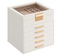 SONGMICS GISELLA Collection - Jewellery Box with Glass Lid, 6-Layer Jewellery Storage Organiser with 5 Drawers, Modern, Gift Idea, Cloud White and Gold, 20.3 x 23.1 x 22.8 cm JBC176W01