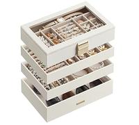SONGMICS GISELLA Collection - Stackable Jewellery Trays, 4-Tier Large Jewellery Box Case with Glass Lid, for Dressing Table, Gift Idea, Cloud White, 17 x 28 x 18.3 cm JBC164W01
