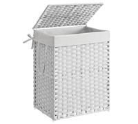 SONGMICS Handwoven Laundry Hamper, 23.8 Gal (90L) Synthetic Rattan Clothes Laundry Basket with Lid and Handles, Foldable, Removable Liner Bag, White ULCB51WT