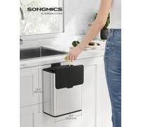 Songmics Hanging Kitchen Bin, 2.1-Gallon (8 L) Steel Trash Bin With Lide, Cabinet Door Hanging Or Wall-Mounted, Metallic Silver