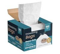 SONGMICS Heavy-Duty Bin Bags, Drawstring Rubbish Bags for 5.3 Gallon (20 L) Kitchen Bins, Pre-Separated, Quick-Dispense Box, Liner Code L, 4 Rolls, 160 Pieces, White KRB021A04
