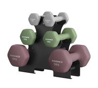 SONGMICS Hex Dumbbells Set with Stand - 2 x 1 kg, 2 x 3 kg, 2 x 5 kg, Neoprene Matte Finish, Hand Weights for Home Exercise, Light Grey, Ivy Green, and Wine Red SYL618MZ02