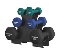 SONGMICS Hex Dumbbells Set with Stand - 2 x 1 kg, 2 x 3 kg, 2 x 5 kg, Neoprene Matte Finish, Hand Weights for Home Exercise, Teal Blue, Harbor Blue, and Ink Black SYL618QZ02