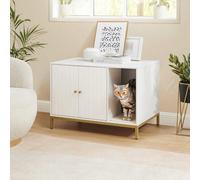 Songmics Hidden Litter Box, Cat House, Side Table Style With Scratching Mat And Raised Legs, White And Gold